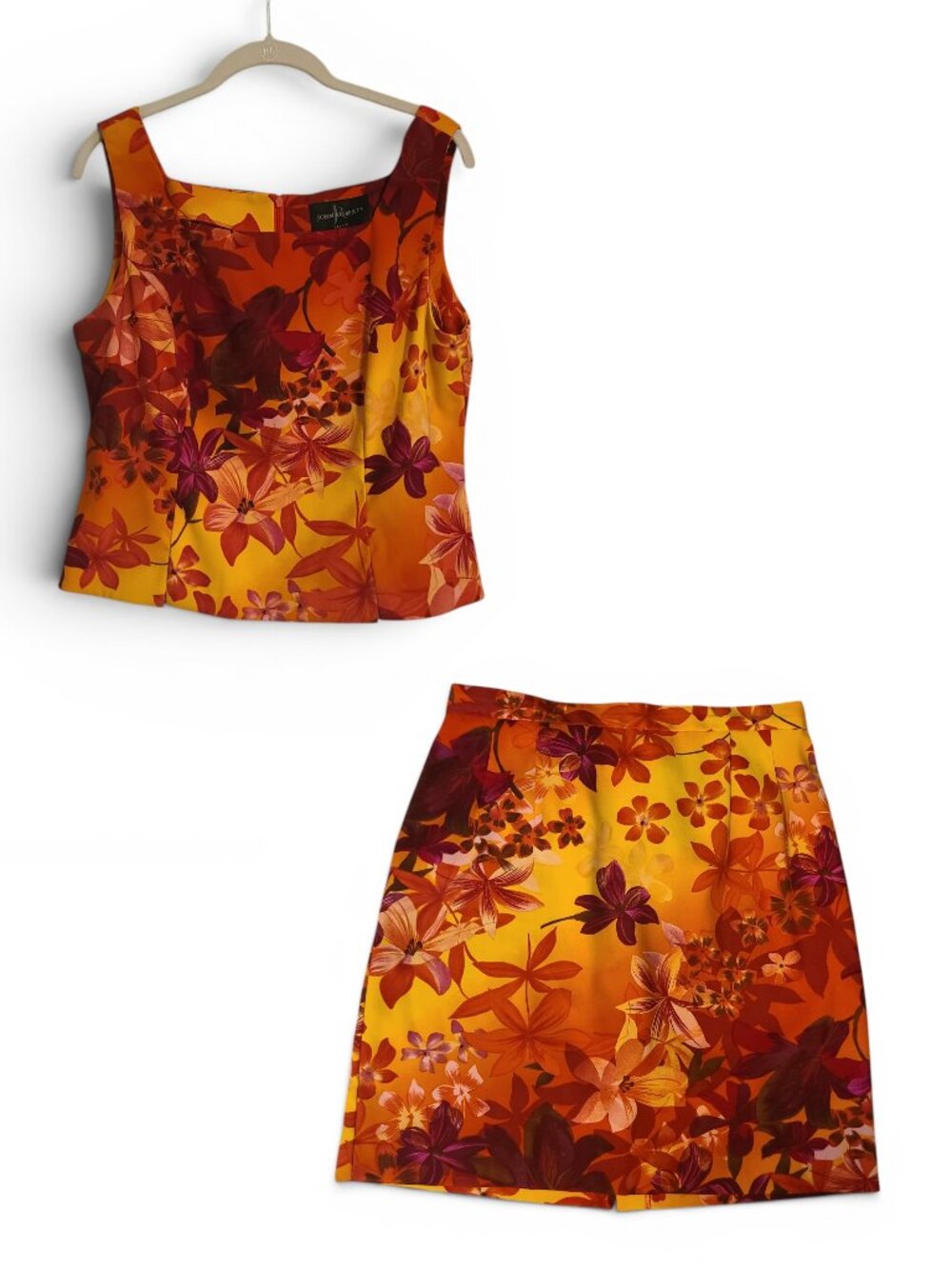 Vintage 90s Bright Colorful Orange Red Magenta Floral Matchin Skirt Blouse Set